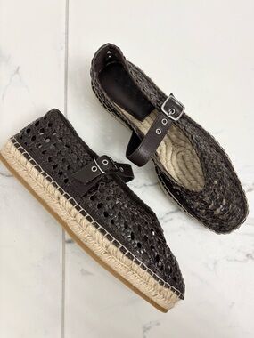 Madewell Remy Mary Jane Espadrille Brown Leather Sandal Womens 8 NWOT Woven Boho
